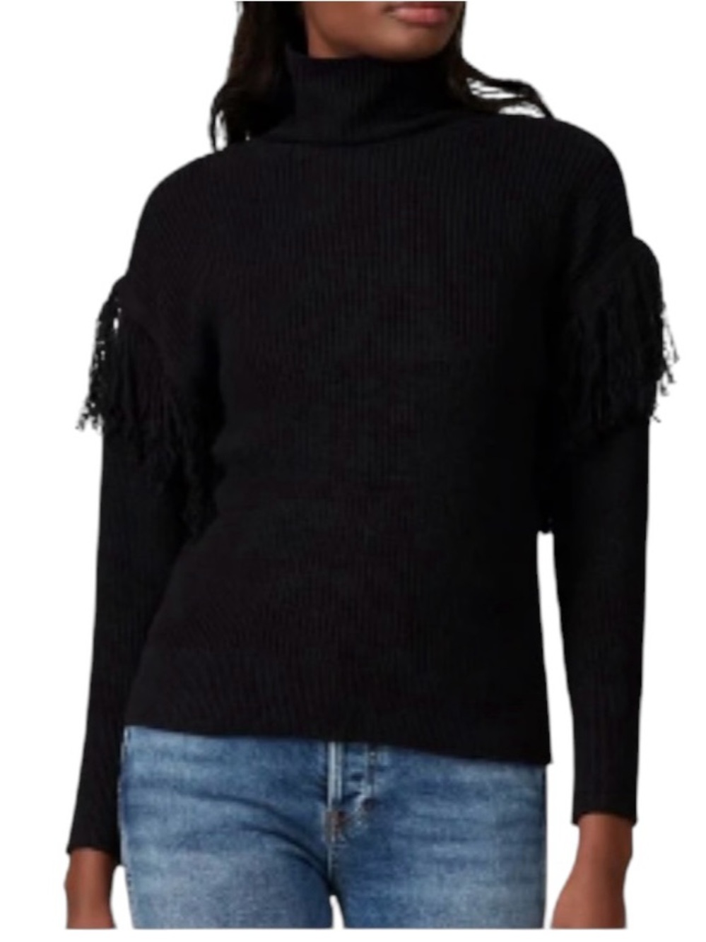 Ramy Brook Grayson Fringe Black Cashmere Blend Turtleneck Sweater women’s large